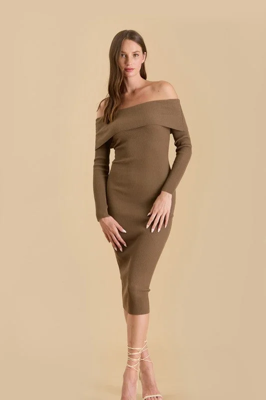 Office wrap dresses-Off the Shoulder Fold Over Long Sleeve Knit Dress