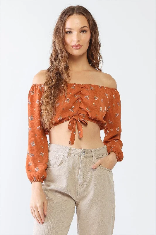 Sunny Tops-Floral Off-The-Shoulder Long Sleeve Ruched Crop Top