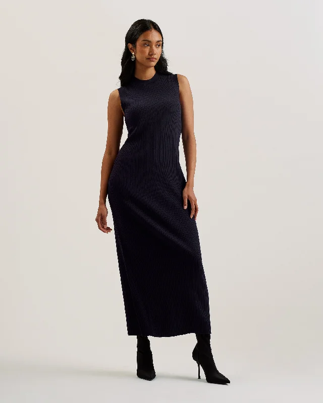 Earthy olive dresses-Sandiii Ribbed Crew Neck Knitted Column Maxi Dress Navy