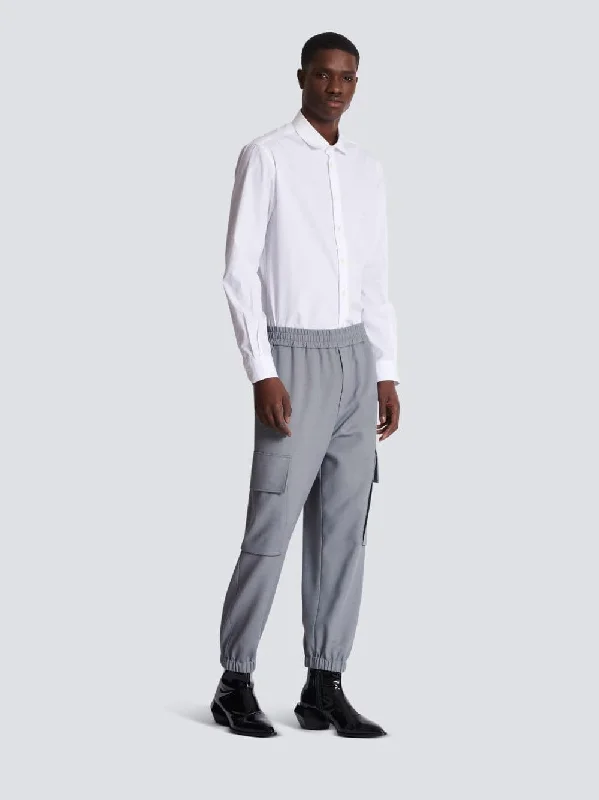 Women's clothing office party-Grey Double Crepe Wool Cargo Trousers