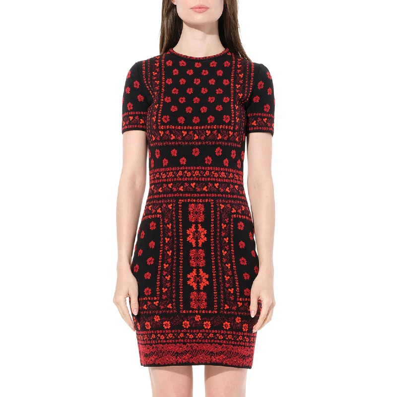 Beige soft dresses-Flower Knit Dress in Black/Red