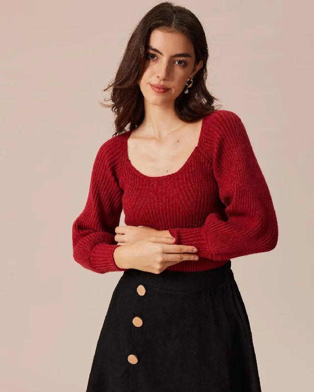 Sweaters cost saver-The Red Scoop Neck Lantern Sleeve Sweater