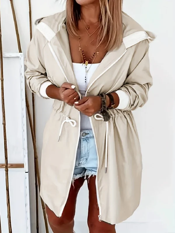 Fleece-lined hoodies & sweatshirts-Drawstring Long Sleeve Hooded Trench Coat