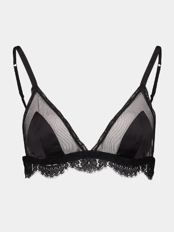 Women's clothing unique finds-Black Satin Lace Triangle Soft-Cup Bra