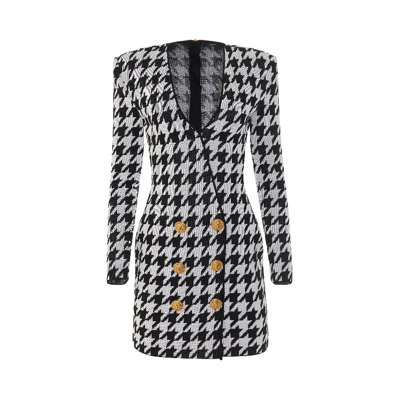 Red hot dresses-Long Sleeve 6 Button Houndstooth Wrap Knit Dress in Black/White