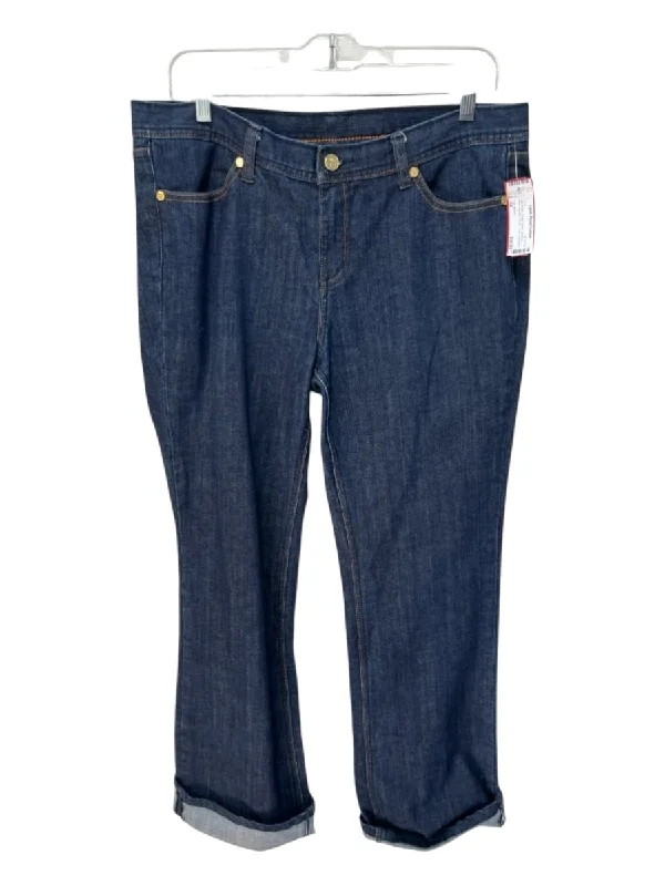 Bottoms with casual shoes-Tory Burch Size 32 Dark Wash Cotton Denim Mid Rise Wide Leg Zip & Button Jeans