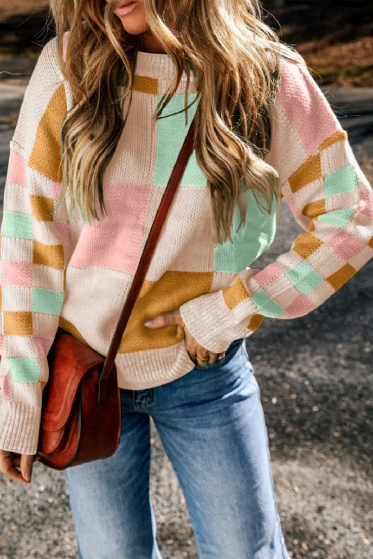 Sweaters gift worthy-Checkered Round Neck Drop Shoulder Sweater