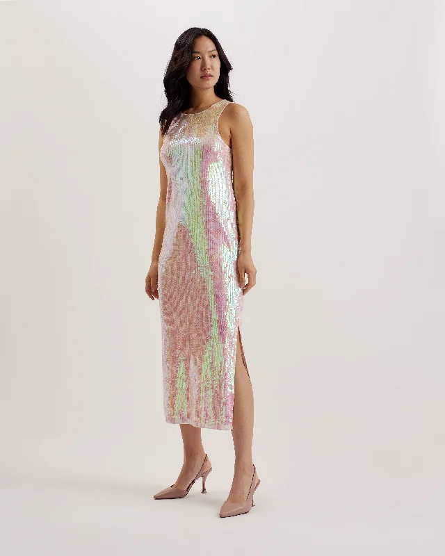 Wrap-around dresses-Fayhaa Printed Sequin Racer Midi Dress Lt-Pink