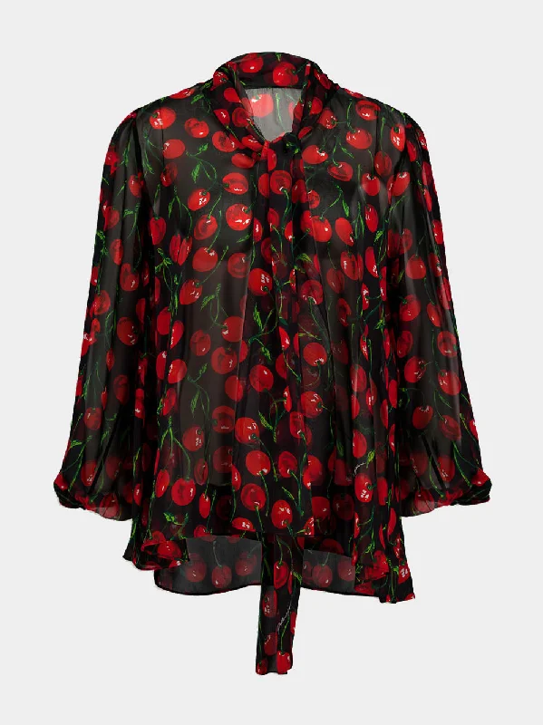 Women's clothing punk edge-Cherry-Print Silk Blouse