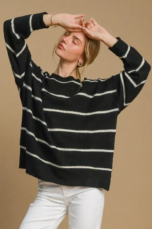 Sweaters overstock buy-Umgee Wool Blend Striped Round Neck Sweater