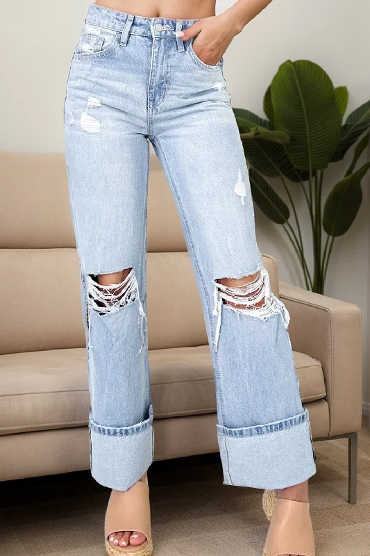 Bottoms for rainy days-Distressed High Waist Jeans with Pockets