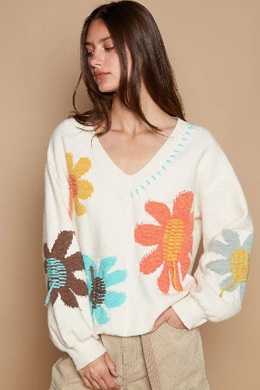 Sweaters comfort chic-POL V-Neck Long Sleeve Flower Fringe Sweater