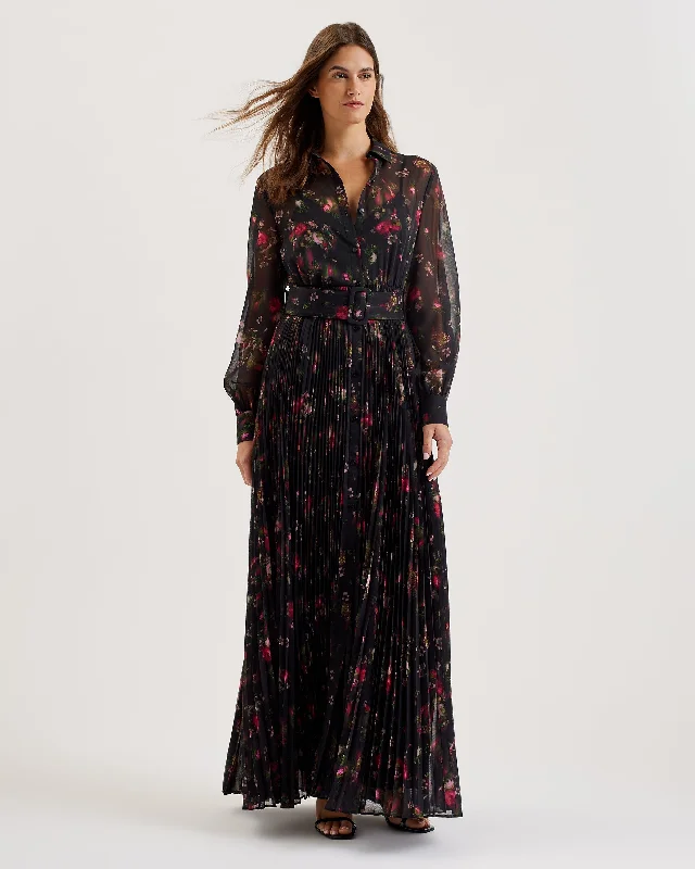 Emerald jewel dresses-Ceiba Printed Maxi Shirt Dress Black