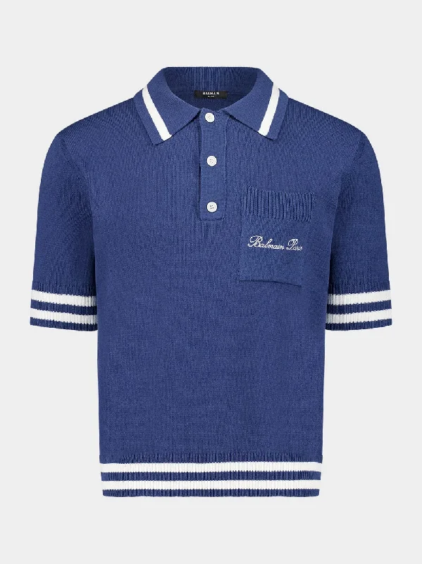 Women's clothing outfit ideas-Navy Blue Cotton-Linen Polo Shirt with Signature Embroidery