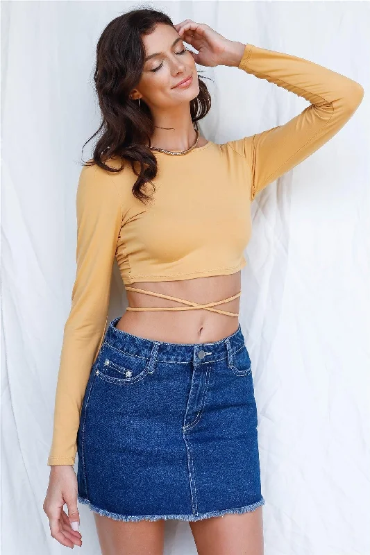 Poet Tops-Dusty Yellow Back Criss-Cross Ruched Self-Tie Detail Crop Top