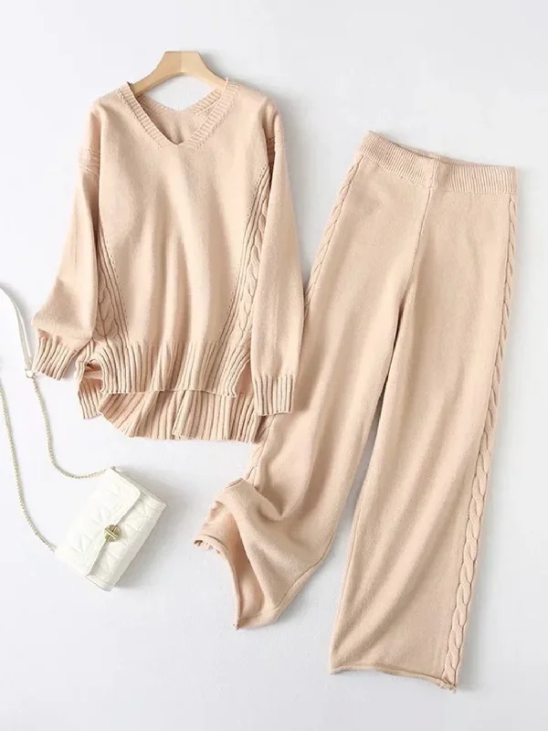 Sweaters comfy feel-Slit V-Neck Long Sleeve Top and Pants Sweater Set