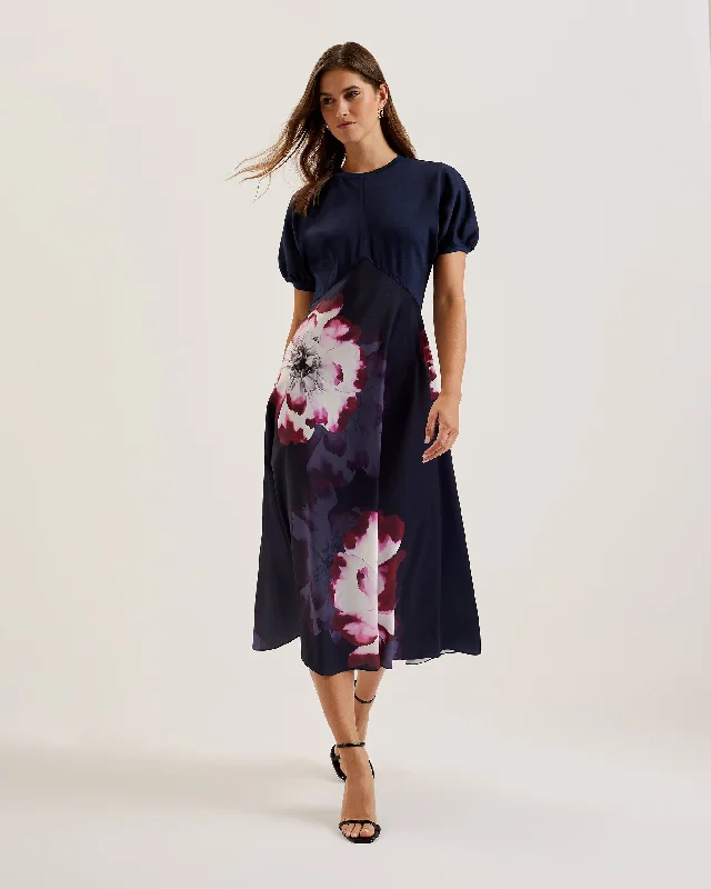 Exotic snake print dresses-Mitzic Ponte Bodice Printed Satin Skirt Midi Dress Navy