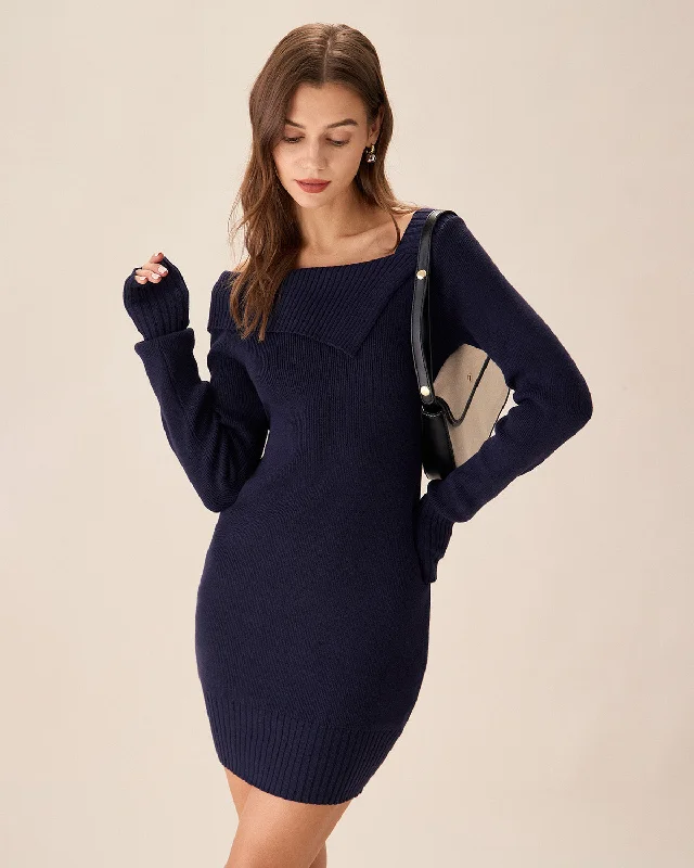 Sweaters wave trend-Navy Off The Shoulder Bodycon Sweater Dress