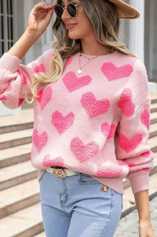 Sweaters quick layer-Valentine's Day Heart Jacquard Round Neck Sweater