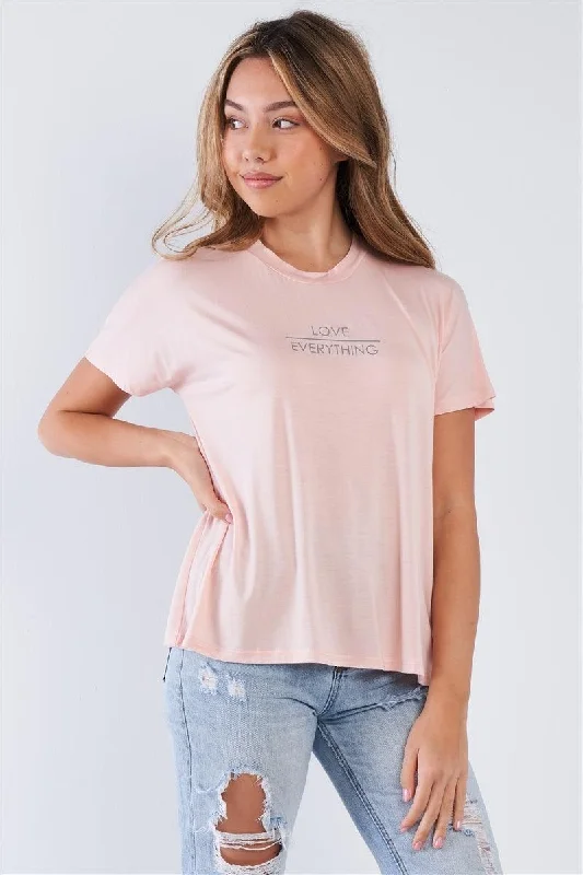 Animal Tops-Pale Blush Casual Short Sleeve "LOVE EVERYTHING" Crew Neck Top