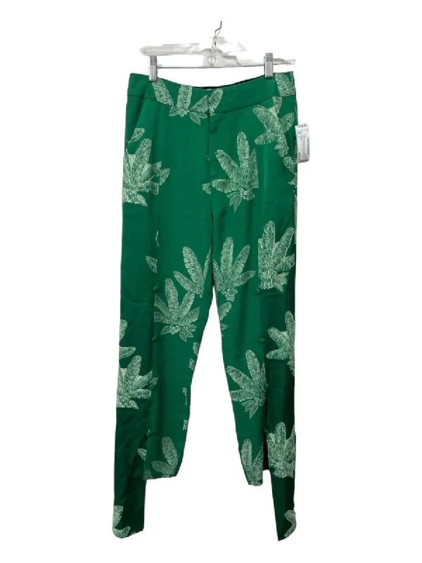 Bottoms with ankle socks-Hellessy Size 6 Green Acetate Blend Hook & Zip Leaves Assymetric Hem Pants