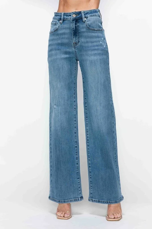 Bottoms with back pockets-bytos Full Size High Rise Wide Leg Jeans with Pockets