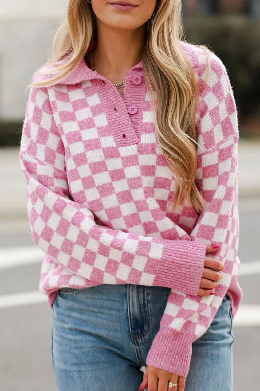 Sweaters best seller-Checkered Collared Neck Long Sleeve Sweater