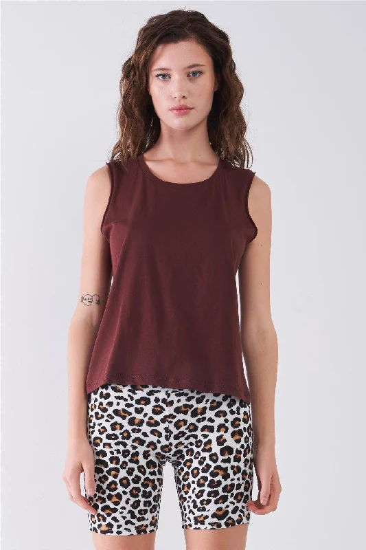 Punk Tops-Burgundy Solid Sleeveless Raw Hem Detail Round Neck Basic Tank Top