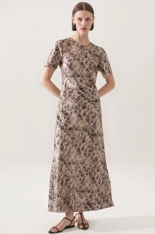 A-line calm dresses-Silk Laundry Short Sleeve Bias Dress in Aster Floral