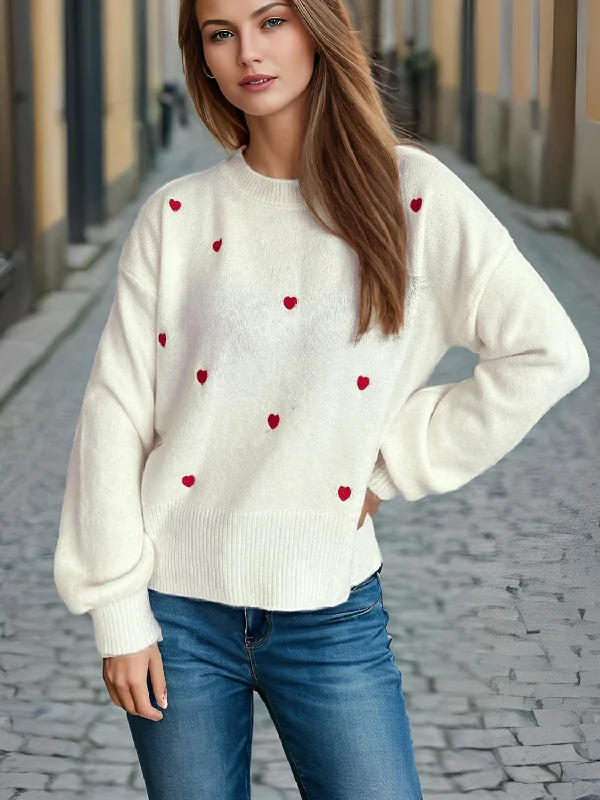 Sweaters mid-range-Heart Round Neck Long Sleeve Sweater