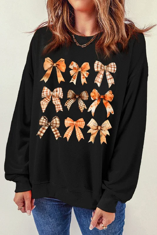 Resort hoodies & sweatshirts-Bow Graphic Round Neck Long Sleeve Fall Sweatshirt