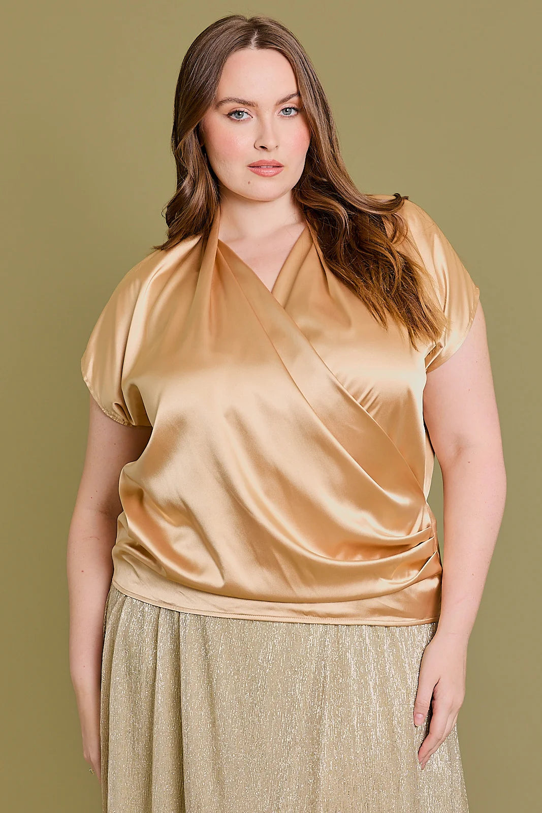 Glory Tops-Plus Size Short Sleeve Golden Wrap Top