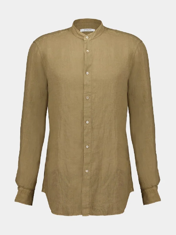 Women's clothing shipping deals-Brown Garment-dyed Linen Shirt