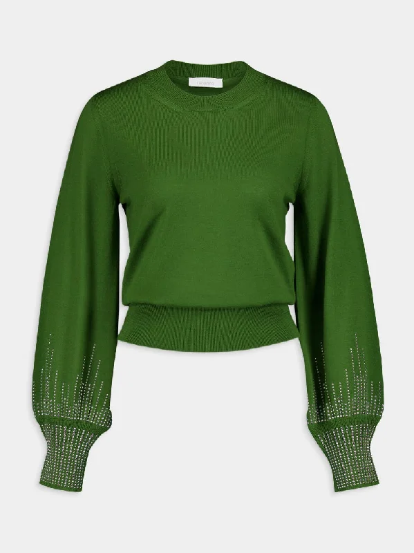 Women's clothing comfortable-Stud-Cuff Wool Jumper