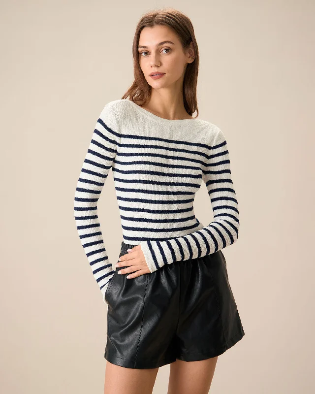 Sweaters smart glow-Women's Navy Boat Neck Slim Striped Sweater