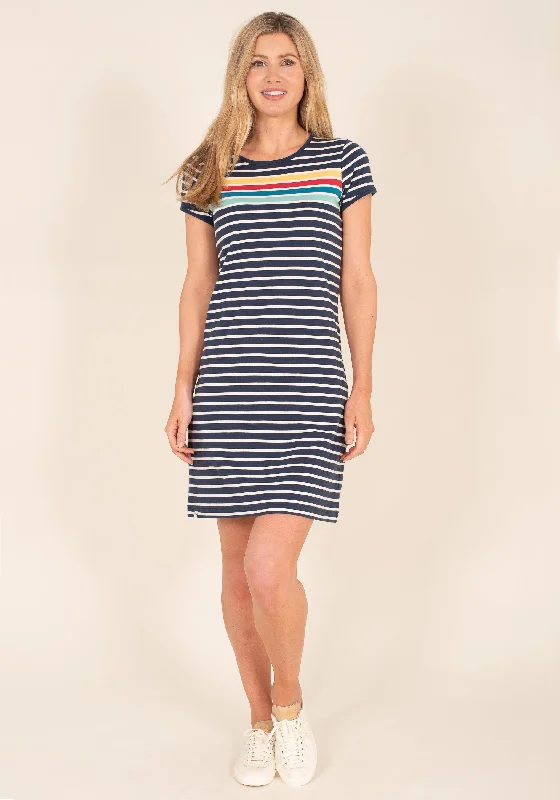 Round neck calm dresses-Rainbow Stripe Dress