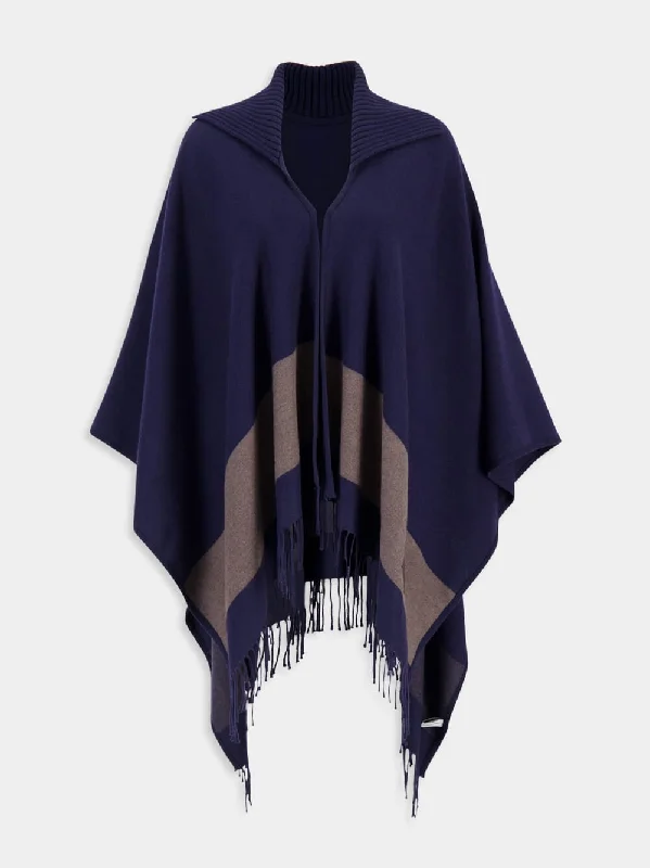 Women's clothing plus-size-Navy Blue Fringed Wool Cape