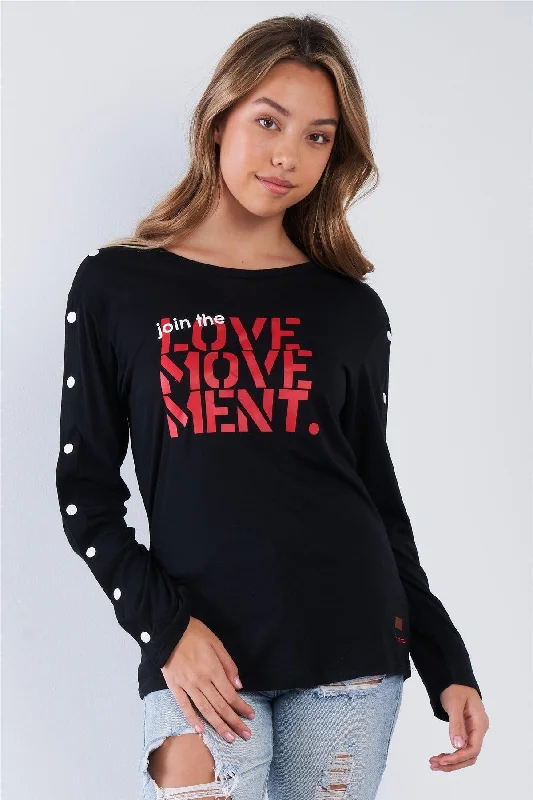 Wildlife Tops-Black Long Sleeve "Join The Love Movement" Crew Neck Shoulder Snap Detail Top