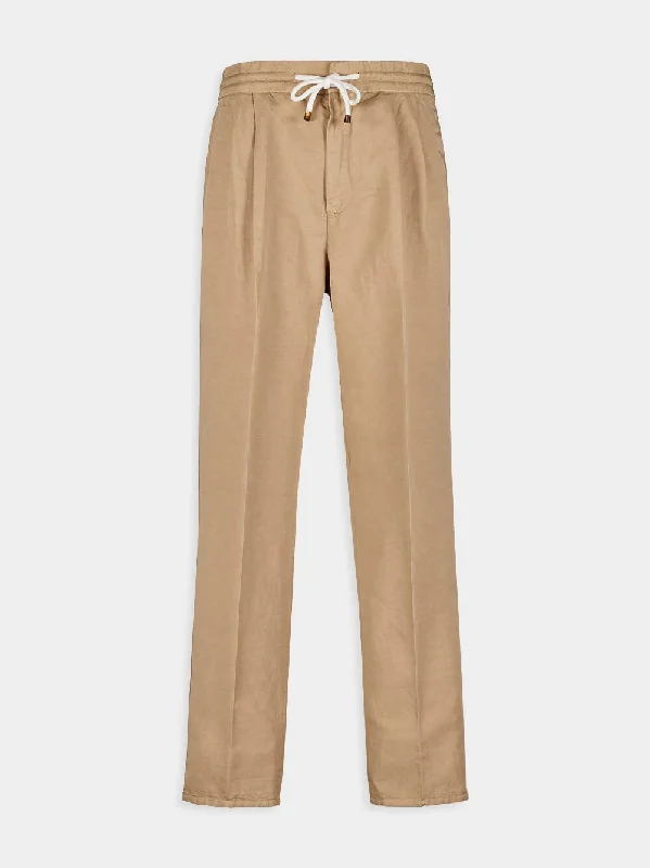 Women's clothing plus-size-Beige Linen-Blend Chinos