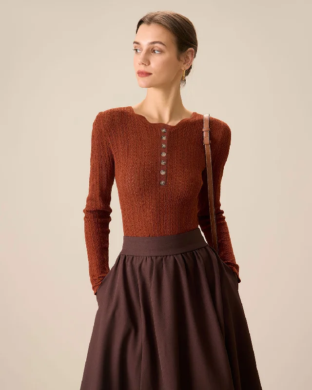 Sweaters sturdy knit-Women's Brown Round Neck Slim Sweater