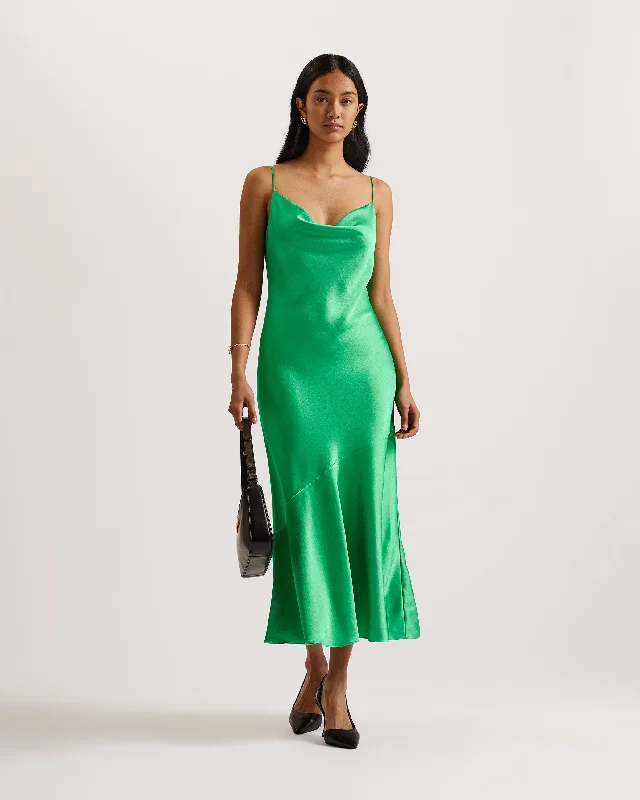 T-shirt casual dresses-Tunca Satin Cowl Neck Evening Midi Dress Green